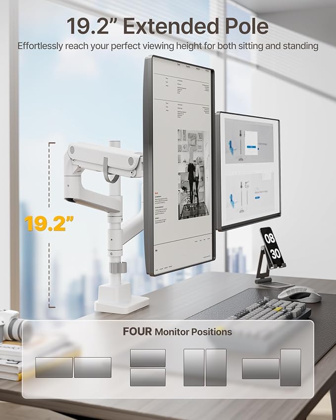 monTEK Dual Monitor Arm, Vertical Stackable 17-57", Heavy Duty，White | Vertical Stackable Gas Spring Arm For 17–57" Ultrawide Monitors, Holds Up To 59.4 Lbs Each, Compatible With 75/100 VESA Mount - Image 3