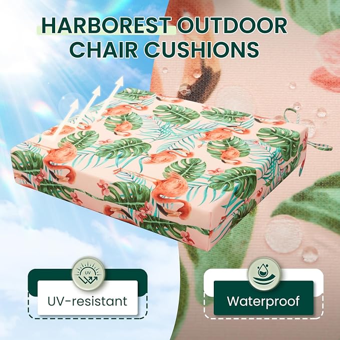 HARBOREST Outdoor Chair Cushions Set of 4, Water Resistant Patio Chair Cushions with Ties, Square Corner Outdoor Seat Cushions for Patio Furniture, 18.5"x16"x3", Flamingo - Image 2