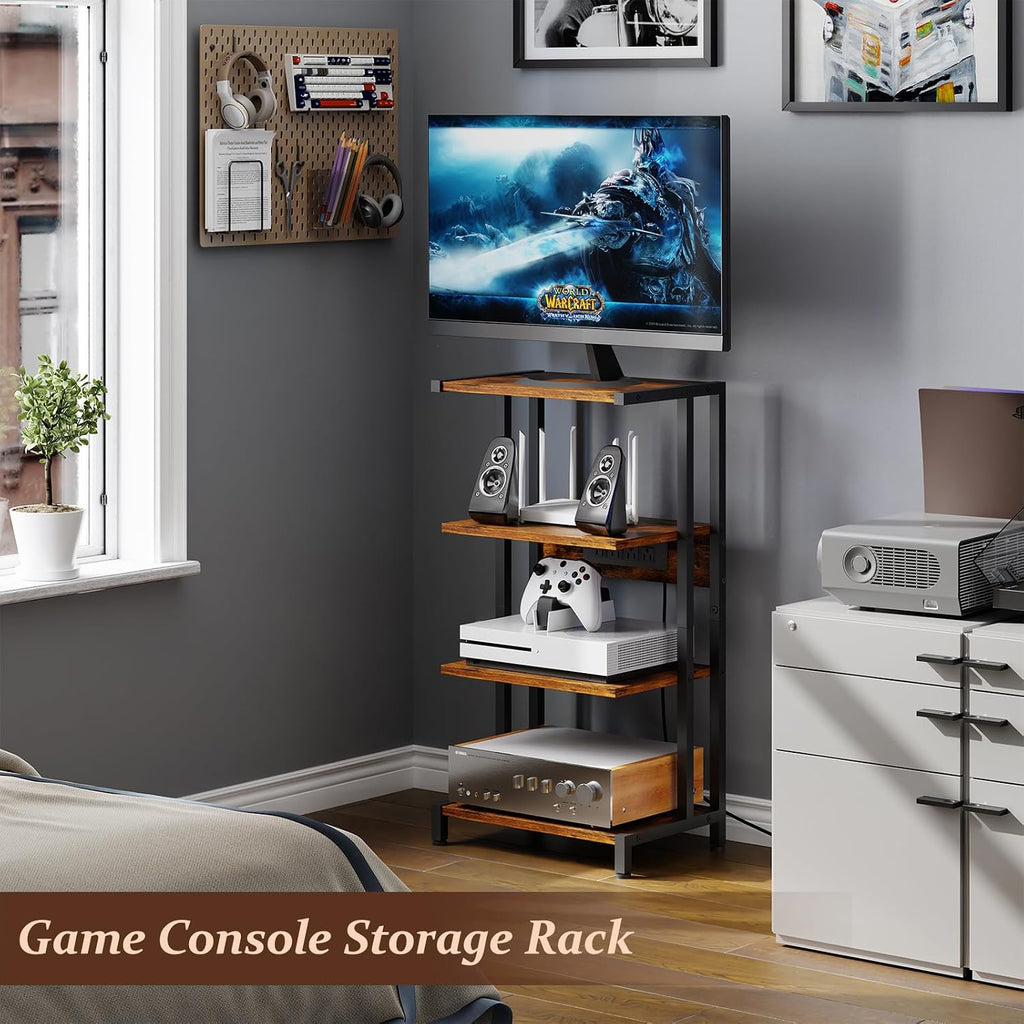X-cosrack 16.5" Game Console Shelf, Small 4-Tier Video Gaming Consoles Stand with Outlet, Narrow Stereo Cabinet AV Media Stand, Corner Audio Rack for PS5,Xbox,Game Console,TV Box,WiFi Router - Image 2
