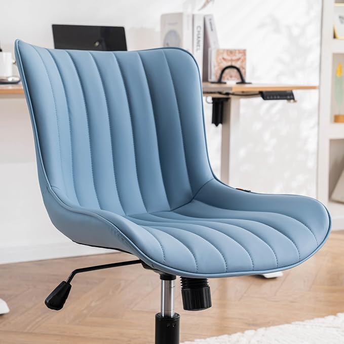 YOUNIKE Office Desk Chair with Wheels Armless Vanity Chair Modern Blue | Faux Leather Upholstered with Rocking Back, Swivel Height Adjustable Small Cute Computer Rolling Task Chair Ergonomic 300lb - Image 6