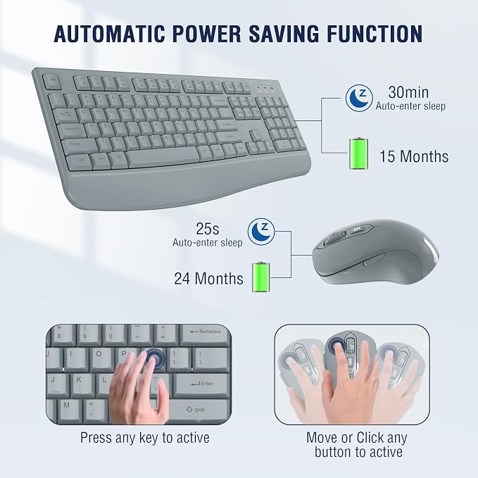 Wireless Keyboard and Mouse Combo, EDJO 2.4G Full-Sized Ergonomic Computer Keyboard with Wrist Rest and 3 Level DPI Adjustable Wireless Mouse for Windows, Mac OS Desktop/Laptop/PC(Grey) - Image 2