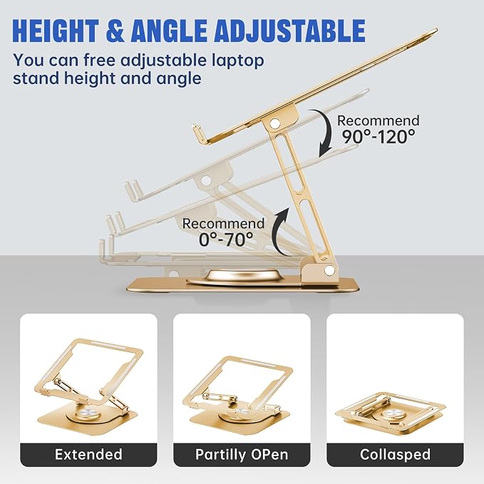 Laptop Stand for desk(360°Rotating),Aluminum laptop Riser for 10-16"Laptops | Adjustable Multi-Angle Ergonomic Laptop Stand, Foldable Portable for Home Office, Fits MacBook Air Pro Dell HP Laptops - Image 4