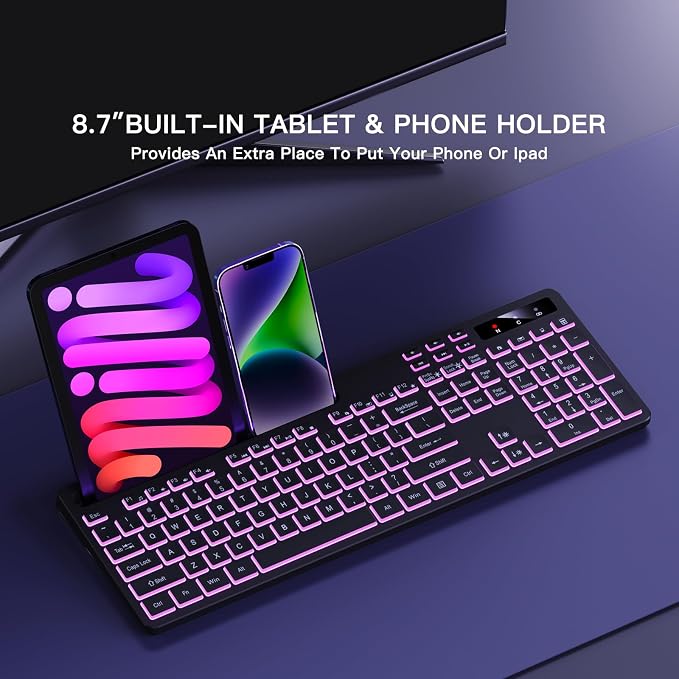 Soueto Wireless Keyboard with 7-Color RGB Backlit, Full-Size Computer Keyboard with Phone Tablet Holder, 2.4G Rechargeable Gaming Keyboard with Light Up Keys, Compatible with Mac, Windows (Black) - Image 4