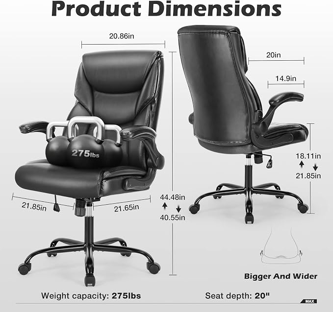 OLIXIS PU Leather Desk Chair, Ergonomic Office Chair, Flip-up Armrest | High Back, Swivel Rolling Wheels, Heavy Duty, 275lbs,Comfortable,Executive, Black - Image 3