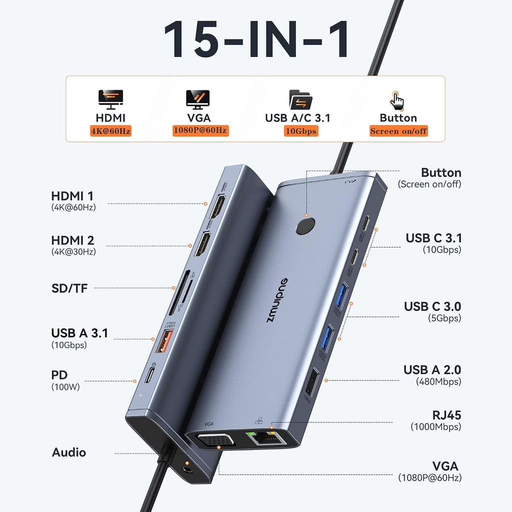 USB C Docking Station Dual Monitor HDMI for Dell HP, Laptop Docking Station USB Type C Hub Multiport Adapter Dongle Thunderbolt 3 USB-C to 2 HDMI,Ethernet,VGA,4 USB,PD,SD/TF,Audio for Lenovo,Surface - Image 2