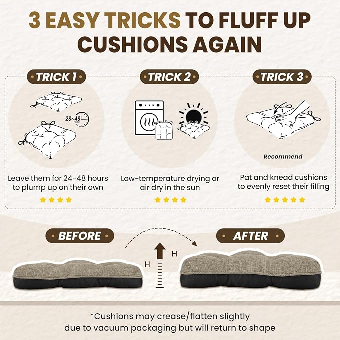 downluxe Indoor Chair Cushions for Dining Chairs, Tufted Overstuffed Textured Kitchen Chair Pads with Ties and Non-Slip Backing, 16.5" x 16.5" x 4", Khaki, 4 Pack - Image 7