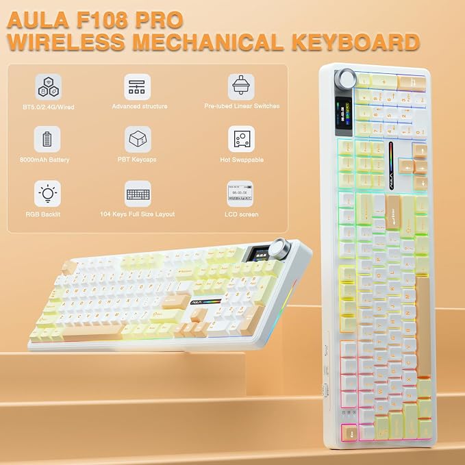 AULA F108 PRO - Wireless Mechanical Keyboard with Screen&Knob,Hot Swappable Gaming Keyboard with 8000mAh Battery,Pre-lubed Switches,RGB Backlit,PBT Keycaps Creamy Sounding Computer Keyboards,104 Keys - Image 2