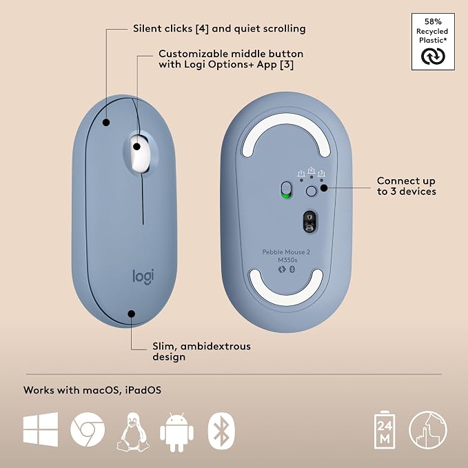 Logitech Pebble 2 Combo Mac Wireless Keyboard and Mouse - Tonal Blue | Slim, quiet, portable, customizable, Bluetooth, Easy-Switch, for Mac, macOS, iPadOS - Image 7