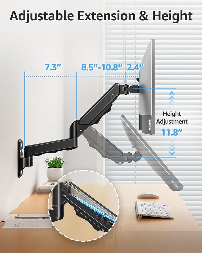 MOUNTUP Single Monitor Wall Mount for Max 32 Inch Computer Screen, Fully Adjustable Monitor Arm, Wall Mount Monitors Holder Support 4.4-19.8lbs Display, VESA Bracket Fit 75x75mm, 100x100mm - Image 4