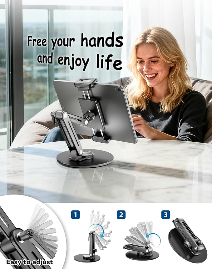 Portable Monitor Stand Large Clamp - Heavy Duty Aluminum Body Support up to 4.4LBS 16" 17.3" 18.5 inch 360° Rotating Base Swivel Foldable Desk Stand for iPad Holder Tablet Mount for Kitchen/Travel - Image 7