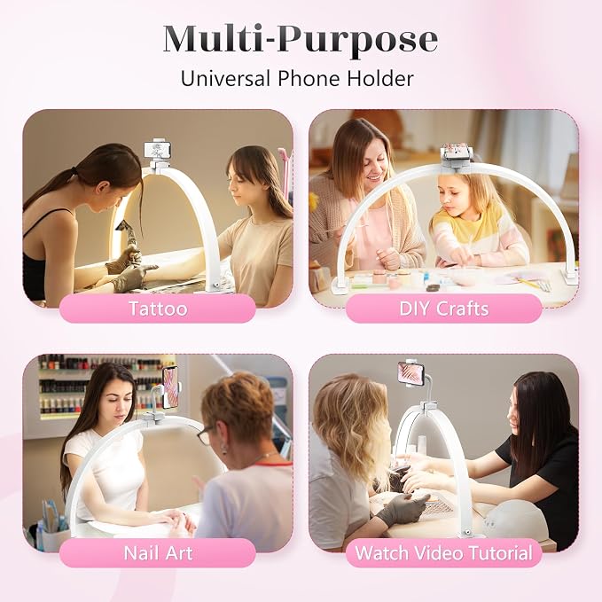 Yokilly Half Moon Light for Nail Desk: 29" Foldable Nail Light for Desk | Arch Nail Tech Light with Phone Holder for Beginner - 3 Color Modes & 10 Brightness for Manicure Salon-White - Image 6