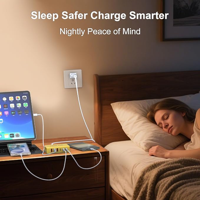 130W USB C Charger Block GaN 6 Port Fast USB C Charging Station for iPhone | Power Strip Adapter Plug for iPhone17 16 15 14 13 12 Pro Max/iPad/ iPad mini/Pro Galaxy S26/S25/S24 5ft Power Cord- Yellow - Image 6