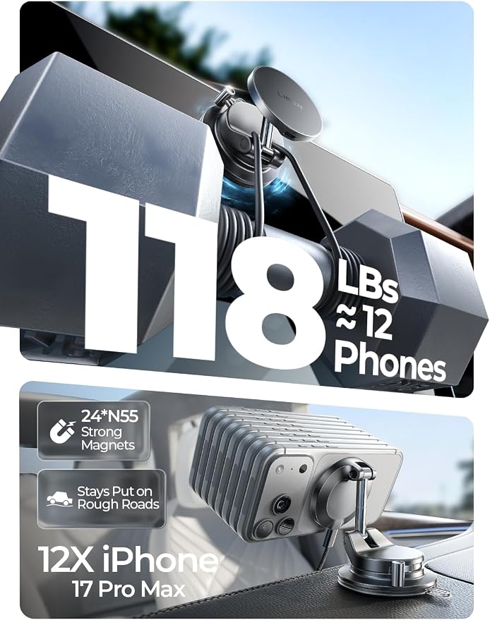 LISEN for 15W Magsafe Car Mount Charger, [Carbon Fiber] 360° Magnetic Wireless Car Charger, Suction Car Phone Mount for Car Accessories for Men, Car Phone Holder for iPhone 17 Pro Max 16 15 14 13 12 - Image 7