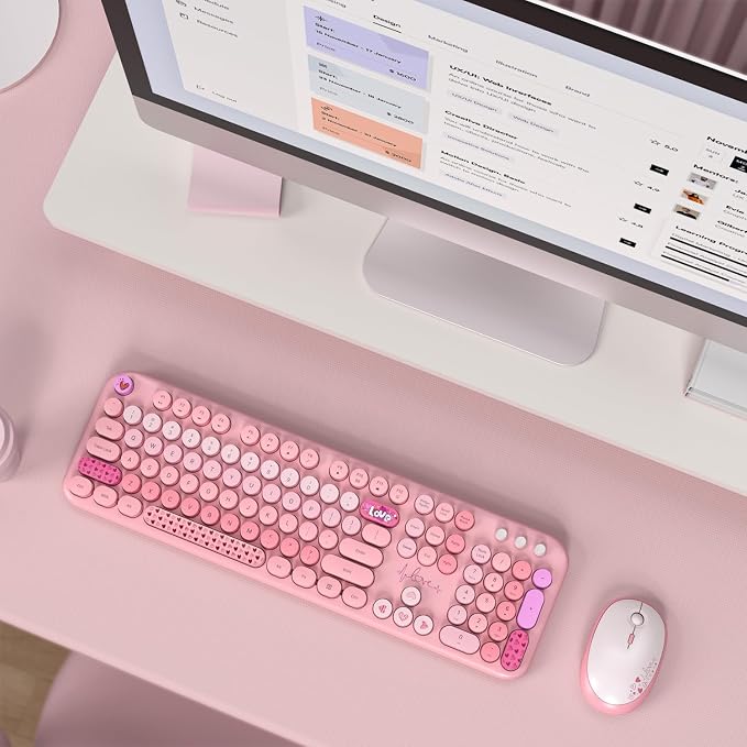 MOFII Wireless Keyboard and Mouse Combo, Cute Retro Typewriter Keyboard and Silent Mouse, 2.4GHz Full Size Computer Keyboard Wireless Mouse Set for PC, Laptop, Desktop, Windows (Pink Colorful) - Image 7