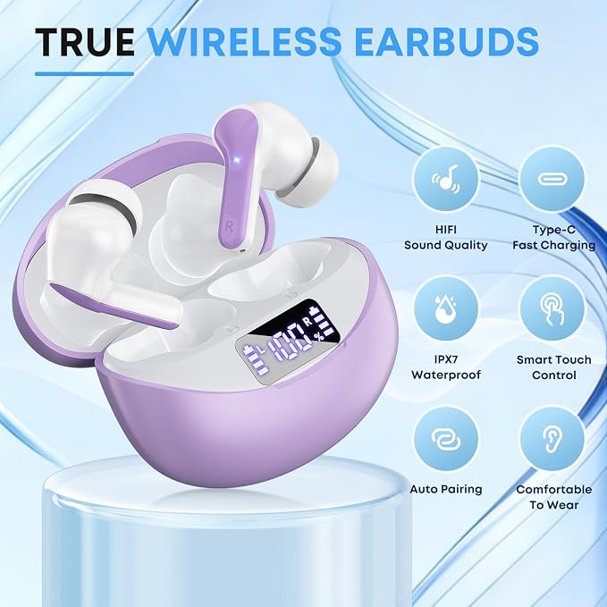Wireless Earbuds, Bluetooth 5.3 Headphones HiFi Stereo 50H Playback LED Digital Display Ear Buds with ENC Noise Canceling Headset, IPX7 Waterproof Earphones for Gym/Running/Work(Light Purple) - Image 2