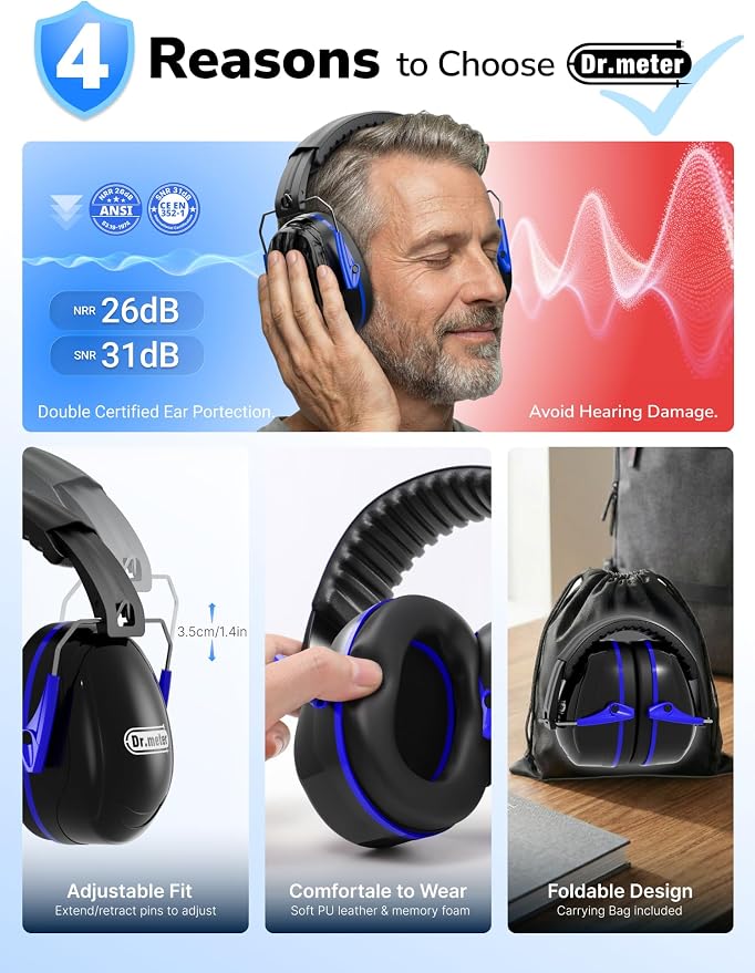 Dr.meter Noise Reduction Ear Muffs, SNR31dB Hearing Protection Sensory Earmuffs, Noise Cancelling Headphones for Adults Ear Protection for Gun Range, Yard Work, Mowing, Monster Truck, Fireworks - Image 3