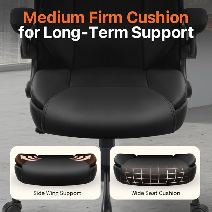 NEO CHAIR Office Desk Chair, High Back PU Leather with Flip-up Arms, Black | Ergonomic Tall Computer Desk Chair Comfy, Height Adjustable, Swivel Rolling Wheels for Office Home Gaming Study - Image 5