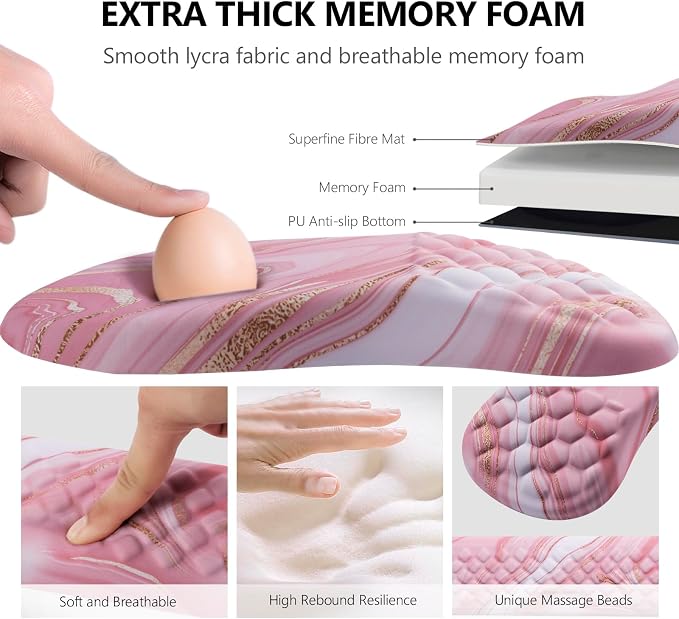 Mouse Pad Wrist Support, Laokiiy 2 in1 Keyboard Wrist Rest+ Ergonomic Mouse Pad, Non-Slip Wrist Rest for Computer Keyboard, Made Easy Typing & Relieve Wrist Pain(Rose Gold Pink Marble) - Image 3
