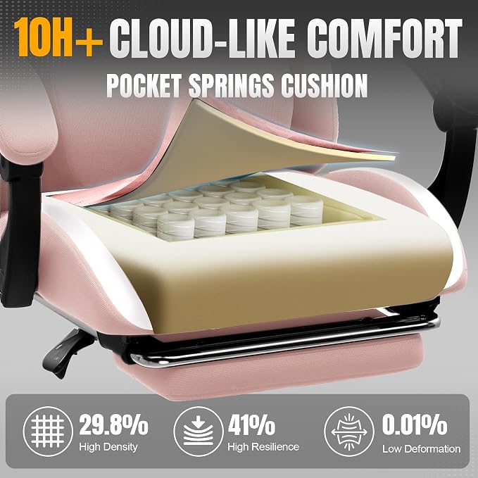 GTPLAYER Gaming Chair with Foot Rest & Pocket Spring Cushion, Ergonomic High Back Computer Desk Chair with Headrest & Lumbar Support for Back Pain Relief, Breathable Fabric, Pink - Image 4