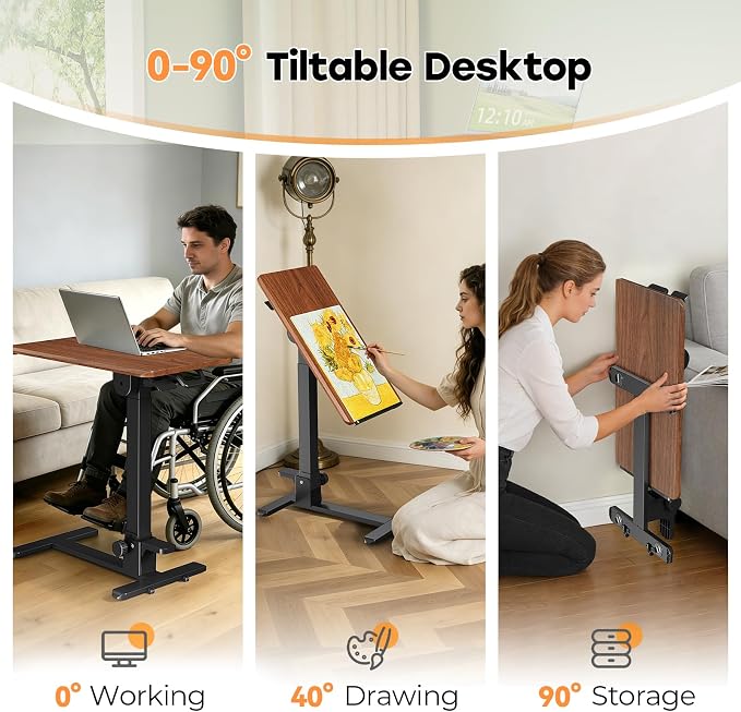 27" Foldable Standing Desk, No-Assembly Needed, Dark Wood | Height Adjustable Portable Mobile Desk with 90° Tiltable Desktop for Storage, End Table for Couch on Wheels - Image 6