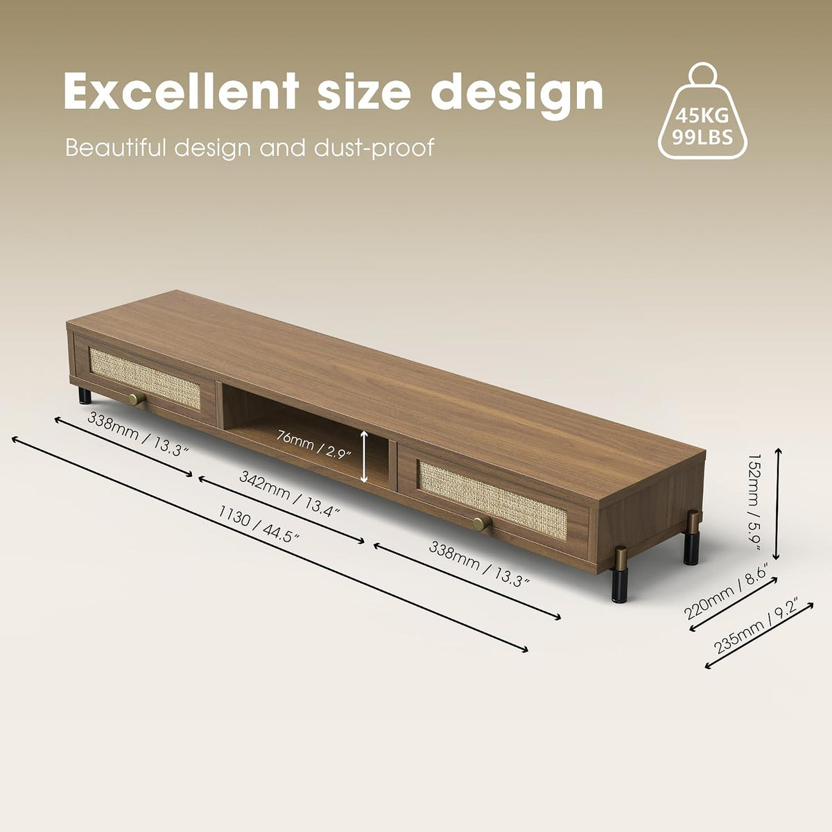 Fenge Dual Monitor Stand, Wooden Riser with Rattan Woven Flip Drawers - Image 4