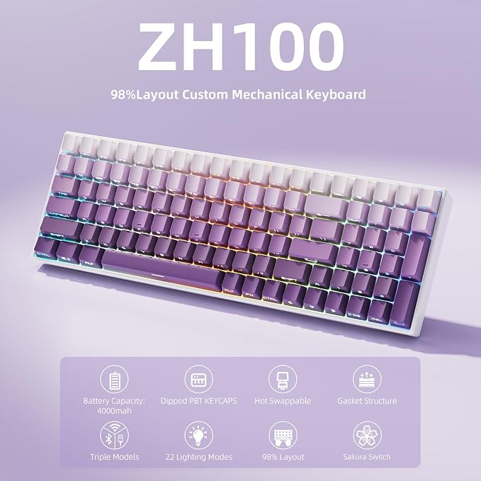 ZORNHER ZH100 Wireless Mechanical Keyboard,98% Purple Creamy Keyboard with Number Pad,Full Size Gaming Keyboard,Lighted Up PBT Dipped Keycaps,Creamy Sounding Linear Switches - Image 2