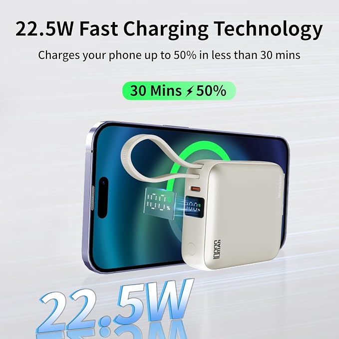 Hichain Small Portable Charger with Built in Cables LED Display Gold | Mini Power Bank 10000mAh 22.5W USB-C Fast Charging Battery Pack, Travel Essential Power Bank for iPhone, Samsung, Android - Image 2