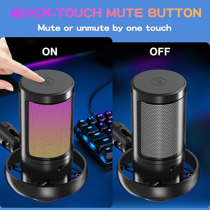 KingSom Gaming USB Microphone,Noise-Canceling Condenser Mic with Boom Arm | Podcast Microphones RGB Computer Mic,Streaming Microphone with Pop Filter, Mute Button,Gain for Recording,Discord,YouTube - Image 2