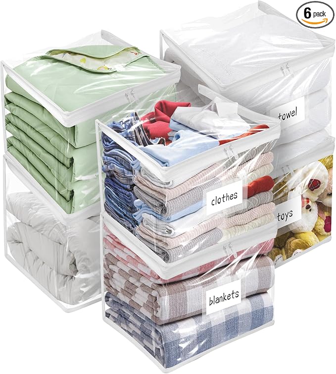 Plastic Storage Bags with Easy-Glide Zipper, Pack of 6, Durable Clear Vinyl Zippered Storage Bags for Clothes Sweaters Comforters Blankets Sheets Bedding (12 x 12 x 12 Inch, Transparent White) by Kikerike