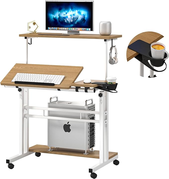 Mobile Standing Desk, Adjustable Rolling Computer Desk with 3 Desktops, Portable Laptop Table with Cup Holder, Home Office Laptop Workstation on Lockable Wheels,Khaki | Triple desktops, cup holder, lockable wheels, portable workstation, for home office by Panta