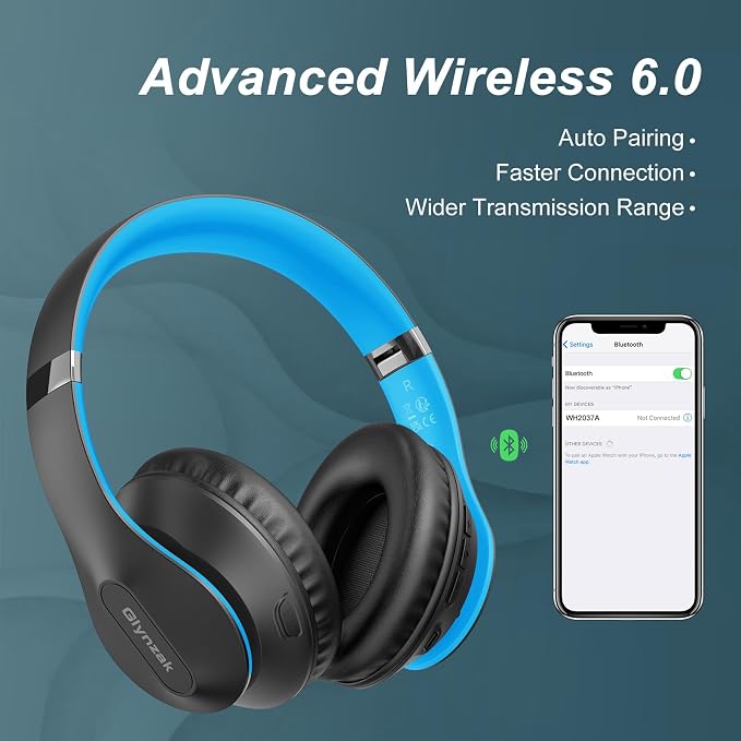 Wireless Bluetooth Headphones Over Ear V6.0 HiFi Stereo with Mic | 65H Playtime 6EQ Modes Foldable Bluetooth Headset with Microphone for Travel Smartphone Computer Laptop Blue - Image 6