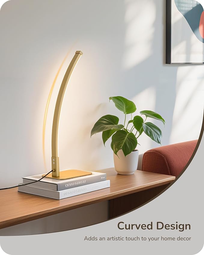 EDISHINE Curved LED Table Lamps for Living Room, Modern Bedside Lamp, Gold | 3 Color Temperature & Stepless Dimming, Aluminum & Iron, Silicone Lampshade, Ideal for Living Room, Office - Image 2