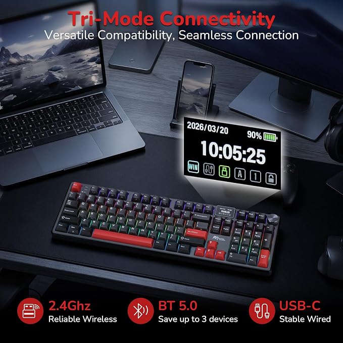 RK ROYAL KLUDGE S104 Wireless Mechanical Keyboard with Screen & Metal Knob | Full Size Gaming Keyboard with 8000mAh Battery, RGB Backlit Hot Swappable Pre-lubed Switches, Creamy Sound Computer Keyboards - Image 3