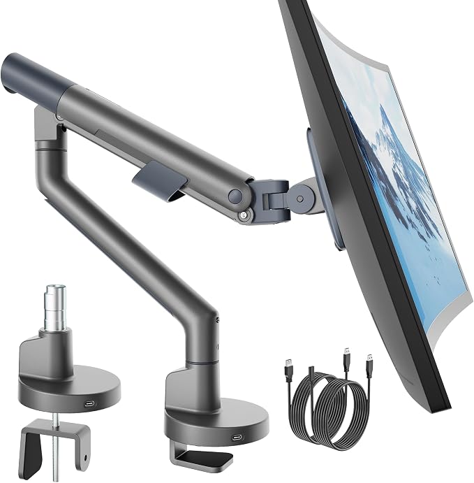 monTEK USB Monitor Arm for 17-40" Screens, 26.4 lbs, Gray | USB ports, mechanical spring, tension indicator, full motion, VESA 75/100, clamp/grommet bases and cable routing by monTEK