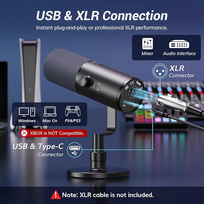 TONOR Dynamic Podcast Microphone for Studio, Cardioid XLR/USB Mic, AI Noise Cancellation, Tap Mute, 3.5mm Headphone Jack for Monitoring, Volume Control, Microfono with Desktop Stand, Black, TD510 AIR - Image 5