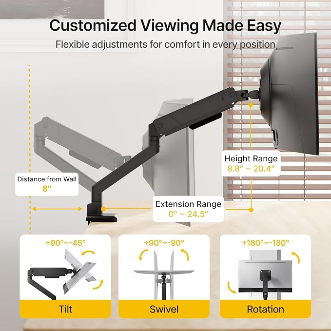 monTEK Single Monitor Arm for Max 45 Inch Ultrawide Screens, Holds 35 Lbs | Adjustable Monitor Desk Mount with C Clamp/Grommet Desk Mount, Cable Management, VESA 75/100mm, Black - Image 2
