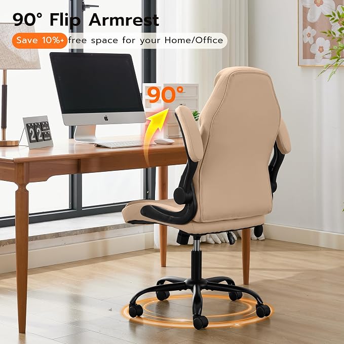 Ylzyxal Office Desk Chair, Ergonomic Computer Chair with Padded Flip-Up Arms and Adjustable Lumbar Support, PU Leather Executive Chair with Tilt Lock and 360° Swivel Rolling Wheels for Work, Study - Image 6
