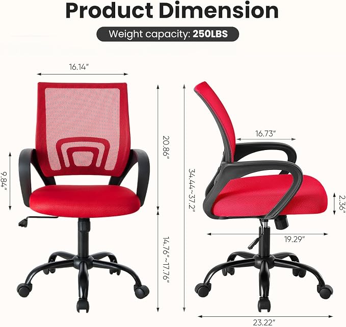 DUMOS Ergonomic Office Chair, Executive Desk Chair with Lumbar Support | Mid Back, Breathable Backrest, Fixed Armrest, Height Adjustable, 360° Swivel, Computer Gaming, Meeting, Red - Image 2