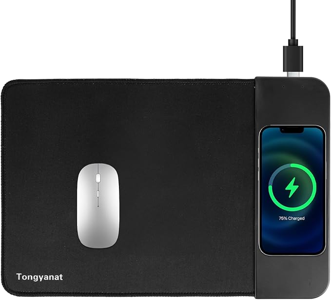 15W Wireless Charging Mouse Pad, 2 in 1 Desk Pad with Non-Slip Rubber Base, Fast Qi Wireless Charger for iPhone/Computers/Home Charging Devices, 12.8 * 8.5in Mouse Pad - Black by Tongyanat