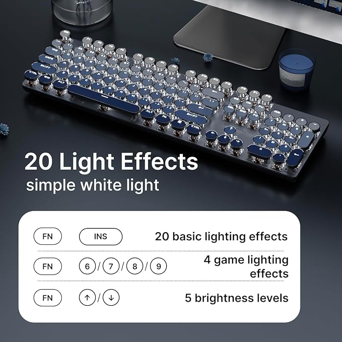 SEUNKWANG EWEADN Typewriter Keyboard Wireless Mechanical Keyboard, 104 Keys Gradient Color Typewriter Keyboards with White Backlit, Anti-Ghosting, Blue Switch Bluetooth/2.4GHz/Wired Keyboards-Blue - Image 4