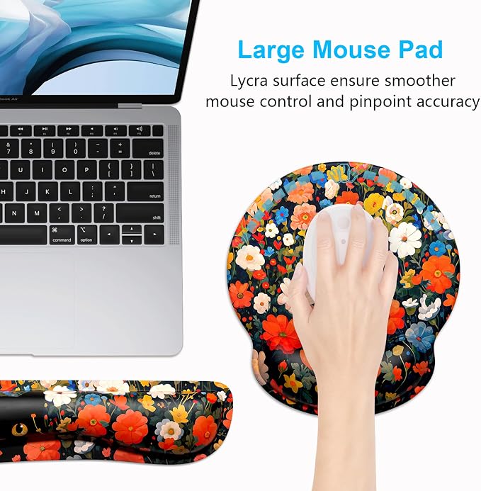 Dapesuom Keyboard Wrist Rest and Mouse Pad with Wrist Support, Cute Memory Foam Cushion for Keyboard and Mouse Set, Desktop Pad Rests with Non Slip Base for Easy Typing & Pain Relief, Cat Flower Bush - Image 5