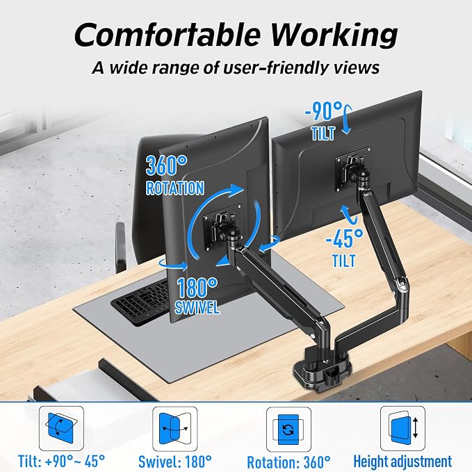 MOUNTUP Dual Monitor Mount Fits Max 39'' Screen, Ultrawide Dual Monitor Desk Mount Hold 4.4-33 lbs, Adjustable Gas Spring Double Monitor Arms, Computer Monitors Stand with USB, VESA Monitors Bracket - Image 3