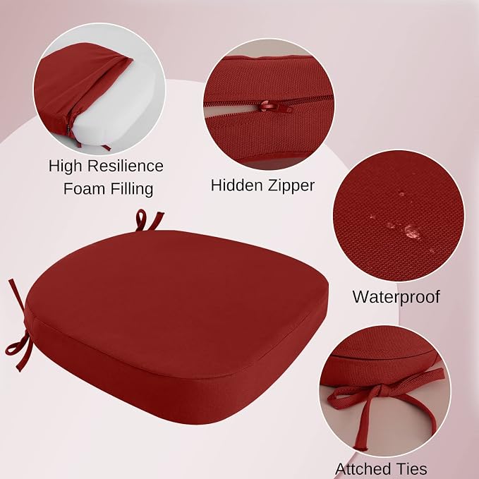 idee-home Outdoor Chair Cushions Set of 4, 19" x 19" D-Shaped | Thick Outdoor Seat Cushions Waterproof Patio Furniture with Ties Dining Pads - Image 2
