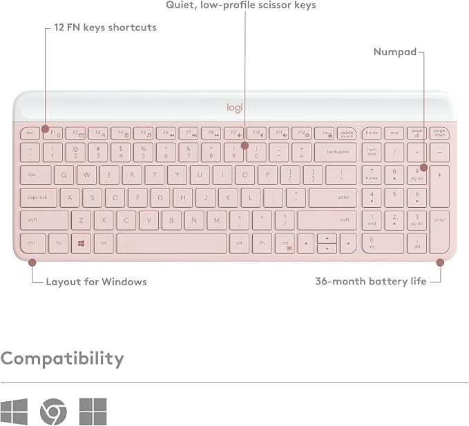 Logitech MK470 Slim Compact Wireless Keyboard and Mouse Combo - Rose | Compact low-profile quiet keyboard with number pad, slim ambidextrous quiet mouse with 3 non-customizable buttons, Windows PC - Image 6