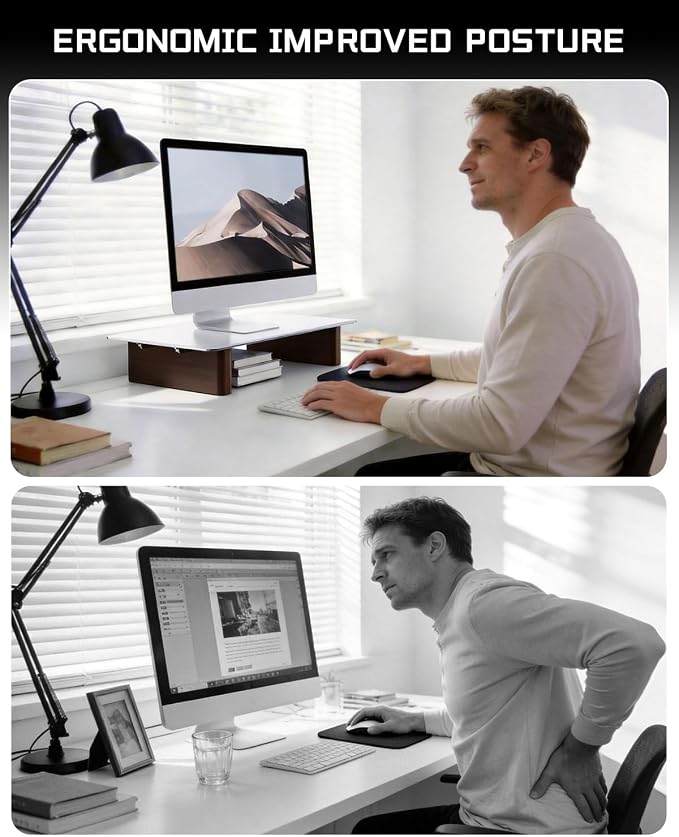 Aluminum Monitor Stand Riser, Ergonomic Desktop Shelf with Wooden Legs - 15.75” Wide Heavy Duty Computer Stand for Home Office, Universal Desktop Monitor Riser for PC, iMac, MacBook, Laptop - Image 5