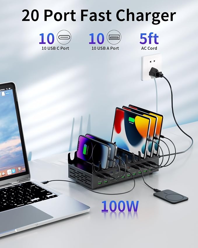 20-Port 690W Charging Station for Multiple Devices, Fast Charger Station | with Dual 100W PD PPS Port, Multi Device USB C Fast Charger Dock for MacBook Pro Laptop, iPhone, iPad, Tablet, Cell Phone - Image 2