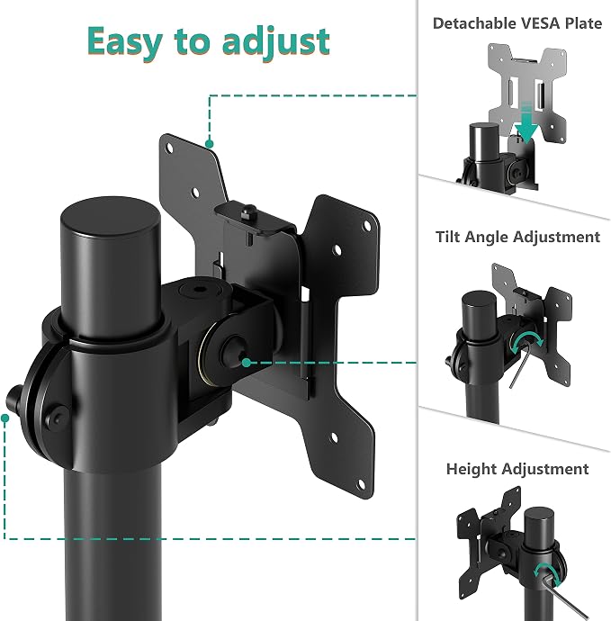 WALI Single Monitor Mount, Vesa Monitor Arm for 13-32 inch, up to 22lbs | Adjustable Monitor Mount for Desk, Full Motion with Tilt, Swivel, Rotation, C-Clamp/Grommet Mounting, VESA 75/100mm (M001S) - Image 5