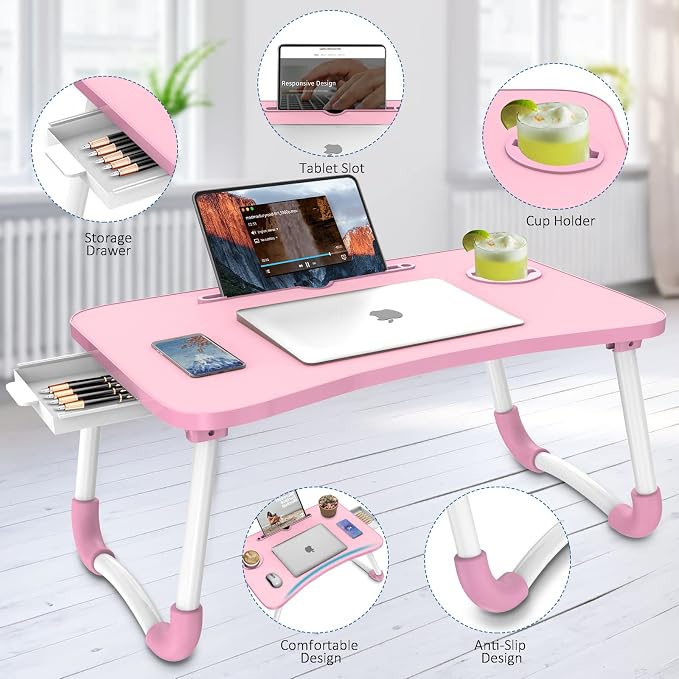 Zapuno Multi-Function Laptop Bed Table with Storage Drawer and Cup Holder, Lap Desk Stand Tray for Eating, Reading and Working - Image 3