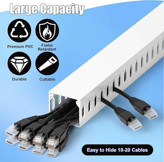 1.4"H x 1.6"W Cable Raceway, 66in Under Desk Wire Management Channel, White | Slotted Wire Duct, 4Pack, 16.5in Each, Heavy-Duty PVC Cable Management for Server Racks, Network Cables & Electrical Cabinets - Image 3