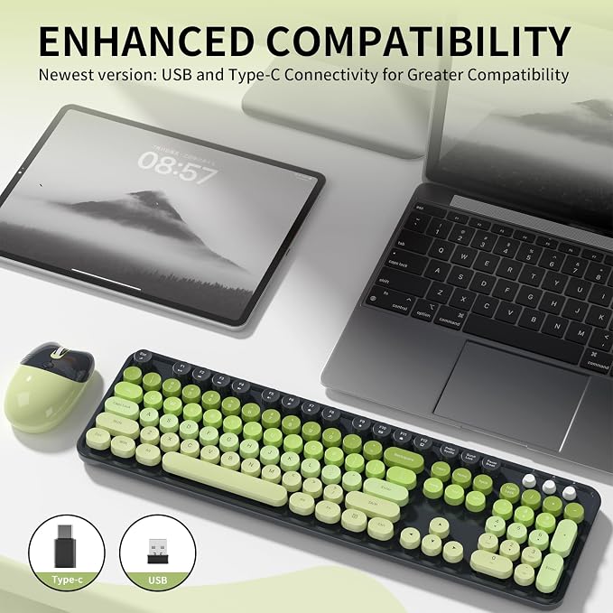 Wireless Keyboard and Mouse, MOFII 104 Round Keycaps Retro Typewriter with OTG & Brush, Full-Size Ergonomic, Ideal for Windows PC, Home, Office and College Gray Green - Image 7